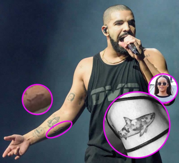 Drake Gets Matching Camo Shark Tattoo With Rihanna- PopStarTats